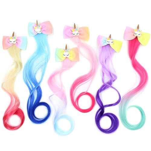 6 Pcs Colored Unicorn Hair Clips for Little Girls Cute Rainbow Hair Bows Ombre Color Curly Hair Extensions Princess Dress Up Hair Accessories Birthday Gifts for Kids Toddler