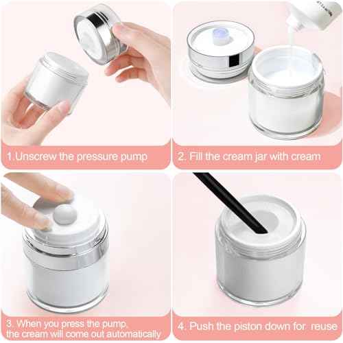 Airless Pump Jars, Refillable Cosmetic Moisturizer Airless Pump Jar 3 Pack Bottles Travel Size for Cream, Gels and Lotion with Silicone Spatula 0.5oz 1oz 1.7oz