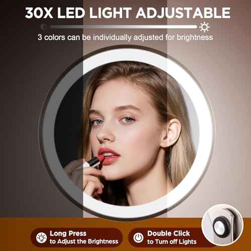 Makeup Mirror with Lighted, 30x Magnifying Mirror with 3 Lights Colors, Vanity Mirror Brushed Nickel - 360¡Æ Rotation, Brightness Adjustable Magnification, Modern Style Side Touch + Side Charge