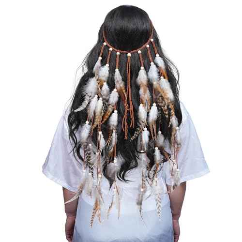 AWAYTR Feather Headband Women Festival Headwear Bohomia Feather Rope Crown Headdres For girls (White + Brown)