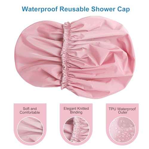 Shower Cap for Women, Double Layer Waterproof Bath Cap, Reusable Hair Protector, Large Waterproof Shower Bonnet Washable Elastic Band Bath Hair Hat for Long Hair, Braids£¬ - Pink