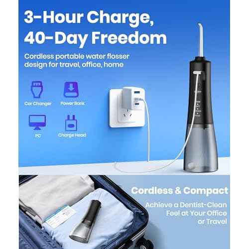 Water Flosser, 300ML Portable Cordless Water Dental Flossers for Teeth Deep Cleaning, IPX7 Waterproof Rechargeable Electric Oral Irrigator Teeth Pick for Travel Home Use and Braces Care (Black)