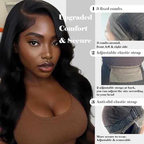 13x6 Lace Front Wig for Women, 30in Body Wave Synthetic Wig for Black Women with Elastic band, HD Lace Heat resistant Hair with Natural Density for Party Daliy, Trimmable, Natural Hairline Glueless
