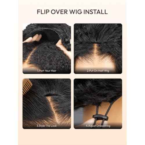 Nadula Afro Kinky Curly Half Wig Human Hair 16 Inch - Glueless Drawstring Wig with 4C Blend Edges, No Leave Out Wear and Go, Natural Look Flip Over Style, Beginner Friendly & Ready to Go Half Wig