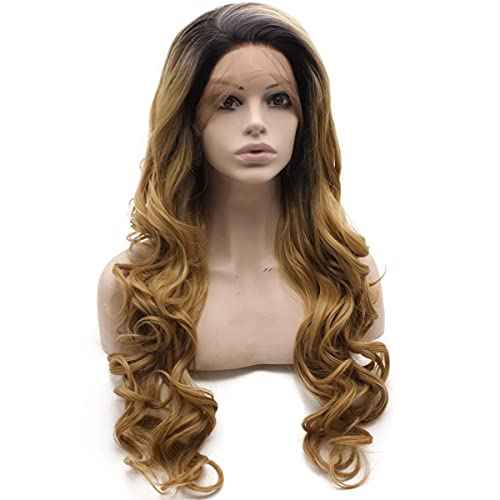 MX angel Long Black Roots Blonde Ombre Hand Tied Ombre Synthetic Wig Lace Front Heat Resistant Fiber Hair