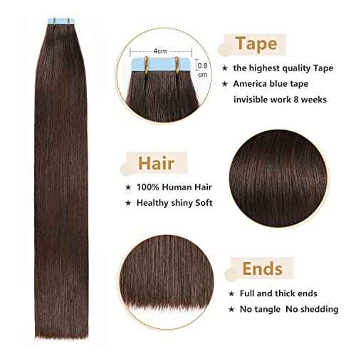 YILITE Dark Brown Tape In Hair Extensions Human Hair 28 inches 20pcs 60g Silky Straight Remy Human Hair Tape Ins Extensions for Women