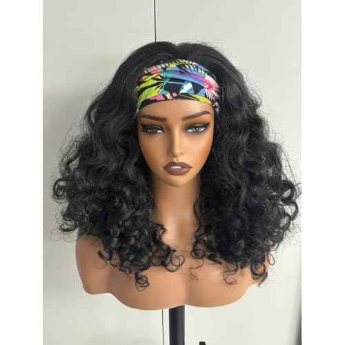 YAKI Body Wave Headband Wig Loose Curly Heabdand Wigs Glueless Synthetic Hair Natural Black Wigs for Black Women None Lace Front Wigs Headband Wigs 150% Density (Short)