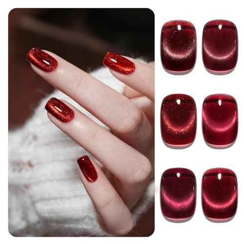 GAOY Jelly Red Glitter Cat Eye Gel Nail Polish Set with Magnet 6 Types of Holographic Cat Eye, Salon Gel Manicure and Nail Art DIY at Home