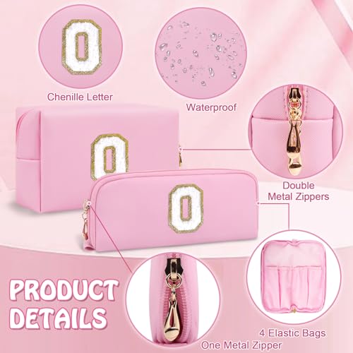 2 PCS Personalized Initial A-Z Preppy Makeup Bag, Small Travel Cute Pink Cosmetic Case Toiletry Zipper Pouch for Purse, Waterproof PU Make Up Brush Organizer Gifts for Women Best Friends(Letter O)