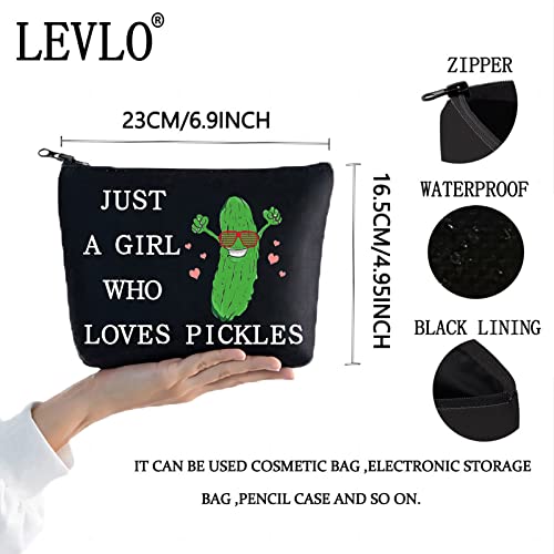 LEVLO Funny Pickle Cosmetic Bag Pickle Food Costume Party Gift Just A Girl Who Loves Pickles Makeup Zipper Pouch Bag Pickle Lover Gift(Loves Pickles Black)