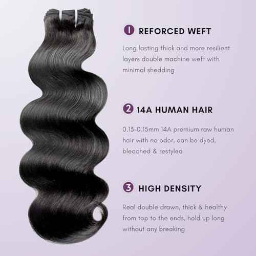 14A Raw Bundles Human Hair Body Wave, 100% Indian Virgin Raw Hair Bundles Wavy Long Lifespan No Shedding Double Drawn Premium Full-Bodied Quality Quick Weaves #Natural Black (14 16 18 Inch)