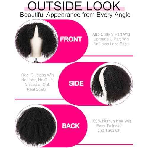 V SHOW Curly V Part Wig Human Hair Upgrade U Part Wig Human Hair Wigs for Women Glueless V Shape Wig Afro Curly Wigs No Leave Out 180% Density Natural Color 18Inch