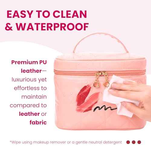 NESTORO Travel Toiletry Makeup Bag with Jewelry Case, Gift for Women, Pink Quilted PU Leather