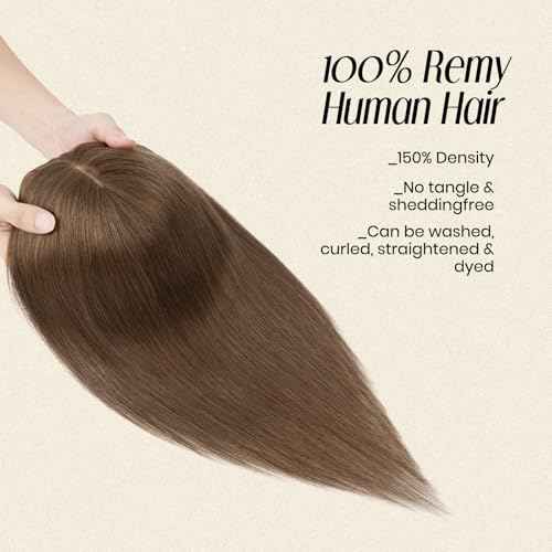 MY-LADY Human Hair Toppers for Women Real Human Hair with Bangs Thin 7 * 13CM Silk Base with Lace Clip in Straight Remy Hairpieces 150% Density 12 Inch Medium Brown