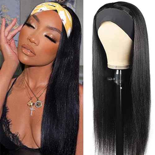 Headband Wig for Women Black Straight 26 Inch Wigs Human Hair Glueless Wear and Go 180% Density Ready to Go No Lace Glueless Wig with Headband Beginners Friendly Natural Black