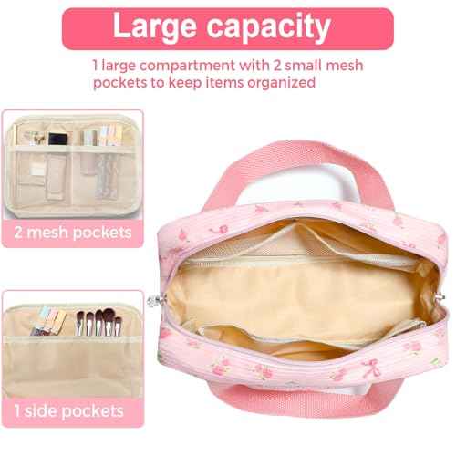 Small Makeup Bag for Purse Cute Corduroy Cosmetic Pouch with Zipper Travel Toiletry Bag for Women(Flower bow pink)