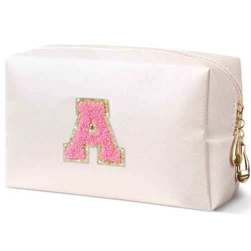 Initial Makeup Bag Personalized Preppy Cosmetic Bag Travelling Toiletry Bag Waterproof PU for Teenage Girls Women (white A)