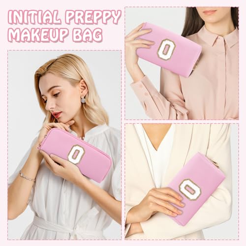 2 PCS Personalized Initial A-Z Preppy Makeup Bag, Small Travel Cute Pink Cosmetic Case Toiletry Zipper Pouch for Purse, Waterproof PU Make Up Brush Organizer Gifts for Women Best Friends(Letter O)