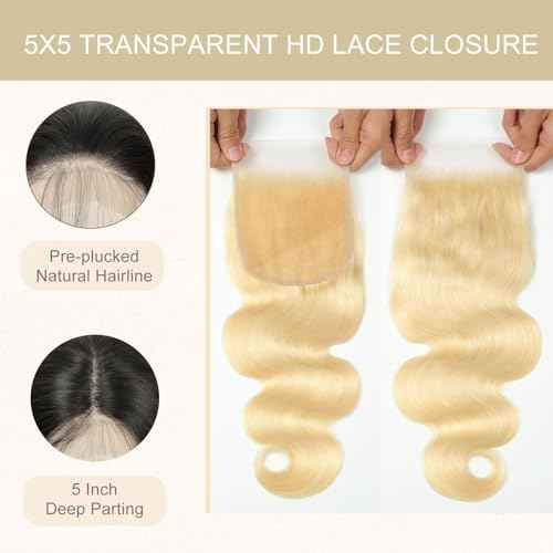 Transparent HD Lace Closure 5x5 Body Wave Blonde Human Hair Pre-plucked Invisible Lace Closure Unprocessed Human Hair Invisible Knot Natural Hairline with Baby Hair(18Inch, Body Wave)