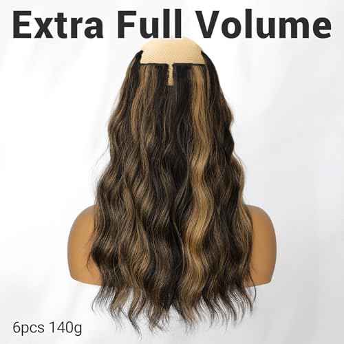 KooKaStyle Short Hair Extensions 6PCS 14 Inch Wavy Curly Hairpieces Synthetic Soft Lace Weft Clip in Hair Extensions-Balayage Dark Brown to Chestnut for Women