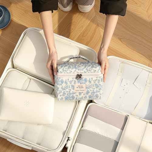 Large Makeup Bag, Cute Cosmetic Bag for Women Girls Floral Coquette Aesthetic Toiletry Bag Travel Make Up Organizer Bag (Blue)