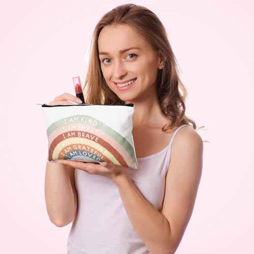 Chunful 10 Pieces Inspirational Canvas Makeup Bags for Women Graduation Gift Rainbow Canvas Cosmetic Bags Bulk with Zipper Friendship Gift Travel Toiletry Pouch(Motivation)