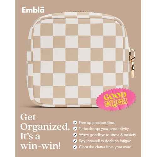 Embla Makeup Bag Travel Cosmetic Bag, Toiletry Bag, Cute Makeup Organizer, Nylon Zipper Pouch Purse Storage Bag Cosmetics Organizer, Womens Make Up Bag Mini Makeup Bags (Sand Checkered)