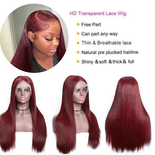 26 Inch 99j Burgundy Lace Front Wigs Human Hair Pre Plucked 13x4 Straight Lace Frontal Wigs Human Hair Win Red Colored Wigs for Black Women Straight Wigs Human Hair Natural Hairline
