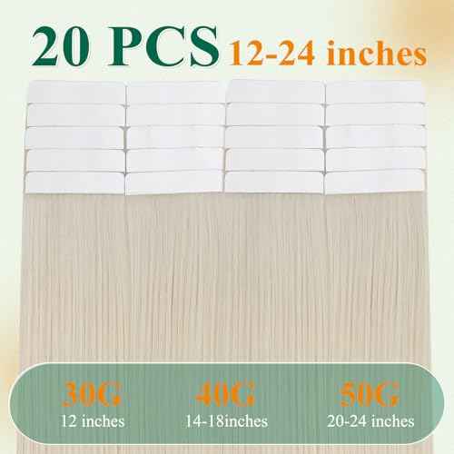 Easyouth 24 Inch Blonde Tape in Hair Extensions Remy Human Hair Tape in Extensions White Blonde Tapes Hair Extension Real Human Hair for Long Straight Hair 20Pcs 50G