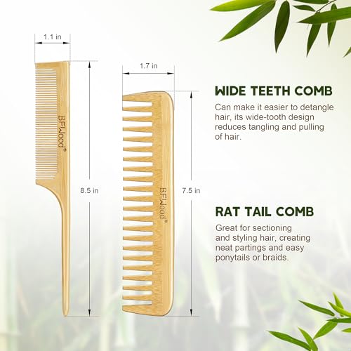 BFWood Bamboo Hair Brush Set, 4 PCS Natural Wooden Combs Paddle Detangling Hairbrush, Wide-tooth and Tail Comb and Mini Paddle Brush for Traveling, Suit for Women & Men