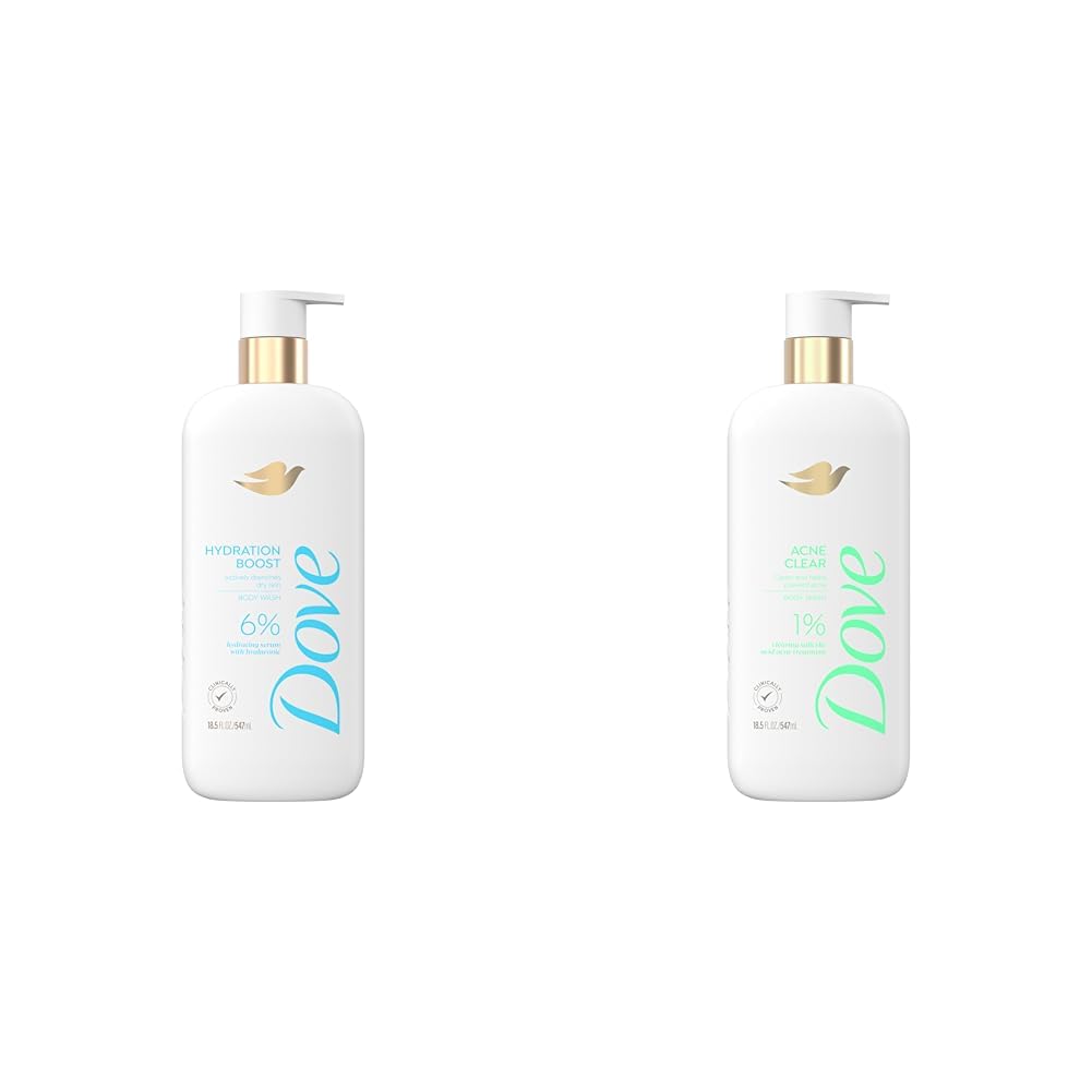 Dove Body Wash Hydration Boost 6% Serum + Acne Clear 1% Salicylic Acid Treatments 18.5 oz Each