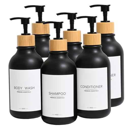 Shampoo and Conditioner Frosted Bottles Bamboo Pump, Refillable Shampoo Empty Bottles for Lotion Oil Shower Soap Dispenser (6p-Black)