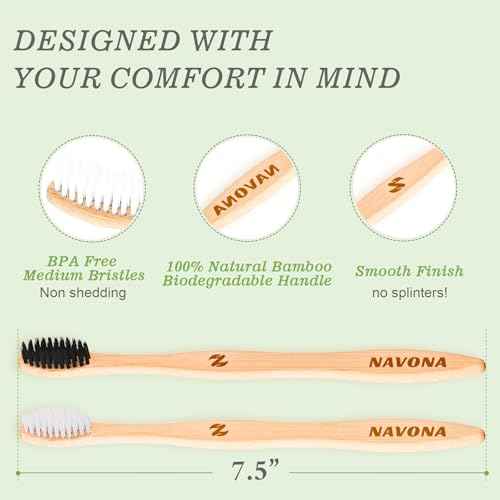 Navona 30 PCS Bamboo Toothbrushes Pack, BPA Free Medium Soft Bristles Toothbrushes for Adults, Eco-Friendly Natural Wooden Toothbrush Bulk, Box of Two Reusable Travel Toothbrush