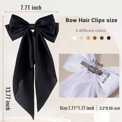 6Pcs Large Bows Hair Clips for Women Girls Long Tail Hair Ribbon Silky Satin Barrettes Coquette Bows Accessories (Black/khaki/Brown/White)