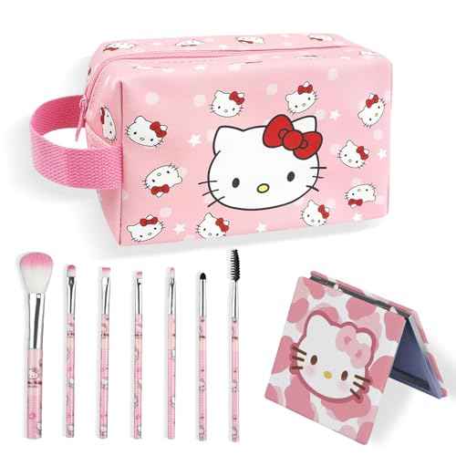 Cute Makeup Bag Set, 1 Makeup Bag and 7 Makeup Brush and 1 Compact Mirror, PU Leather Travel Cosmetic Bag, Gifts for Women Girls, pink0202