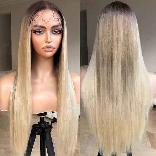 Straight Lace Wig Pre Plucked, Synthetic Lace Front Wig Pre Plucked, HD Glueless Wigs 13X5X1 Lace Wigs for Women 180 Density 26inch (ombreblond, 26)