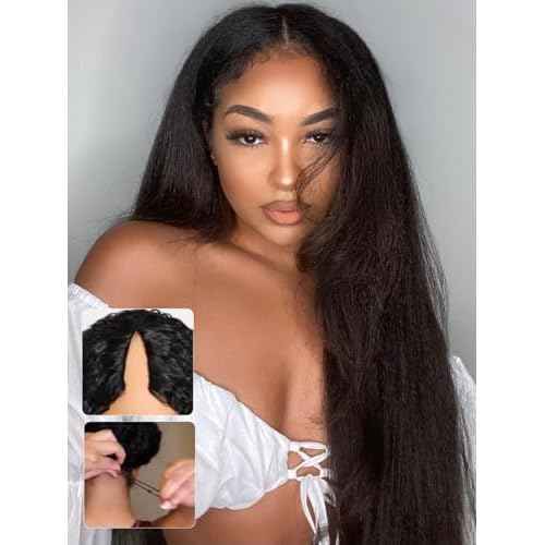 Sunber EasiContour Yaki Straight V Part Human Hair Glueless Wigs with Drawstring No Leave Out No Gel 180% Density Vpart light yaki straight Clip In Half Wigs No Leave Out Real Scalp V Shape 20Inch