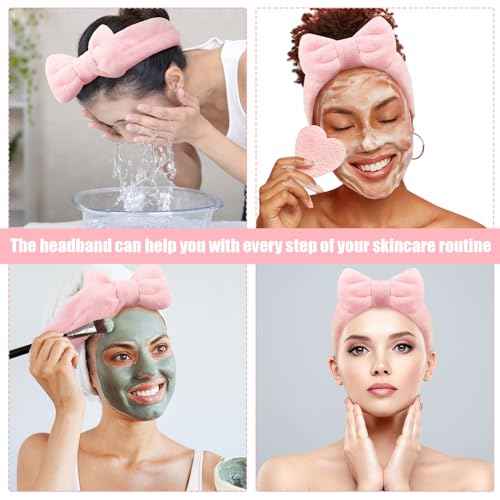 Riceshoot 36 Pcs Spa Headband Bulk Sleepover Party Favors Pink Bow Spa Party Supplies Flannel Fleece Elastic Soft Face Wash Headbands for Women(Pink)