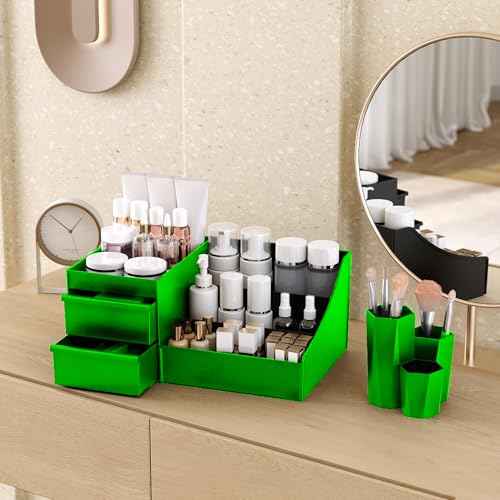2 Pcs White Makeup Organizer and Brush Holder Set with 3 Drawers, Perfect for Cosmetics, Skincare, Beauty Tools on Vanity for Bedroom, Bathroom, Kitchen, Green