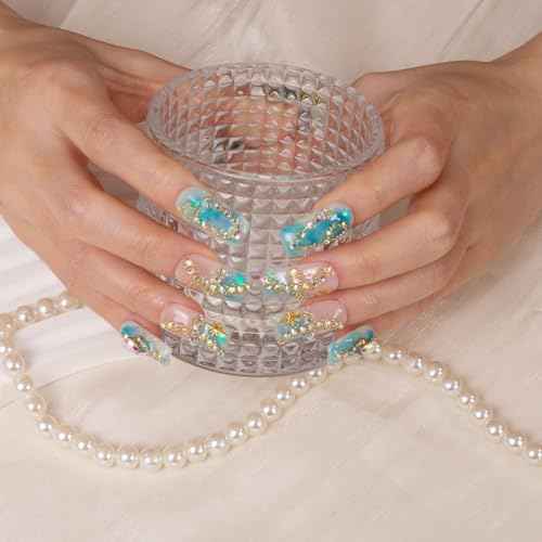 LOVFUL Press on Nails Pisces Blue French Tip| Handmade with Full Covered Crystals | Reusable Fake Nails | Square Regular 1.0 in | H157L