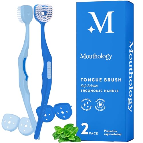 Soft Bristle Tongue Brush for Adults for Bad Breath, Halitosis & Oral Hygiene - Tongue Scraper Brush with Ergonomic Handle & Protective Cap for Easy Storage & Travel - 2 Pack
