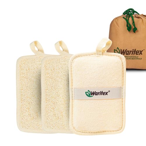 Waritex Egyptian Loofah Rectangular Body Scrubbers with Hand Strap, Exfoliating Bath Pads Made from Natural Egyptian Loofah Fibers, Gentle Deep Cleansing for Men and Women in Shower 3 Count (1 Pack)