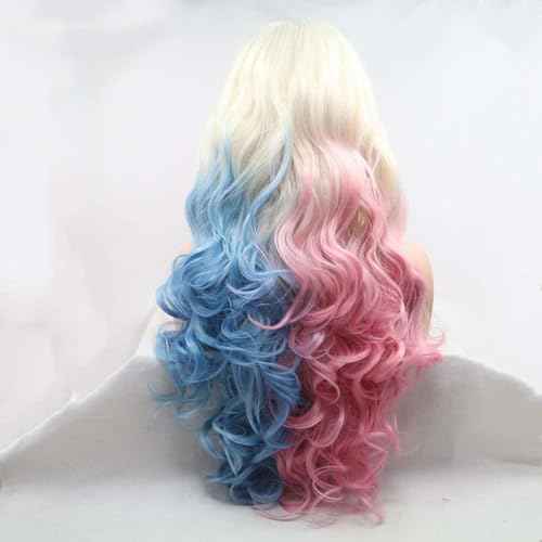 Xiweiya Wig 60# Platinum Blonde Ombre Blue Mixed Pink Lace Front Wig Long Body Wavy 3 Tones Synthetic Lace Front Wig Heat Resistant Fiber Wig for Woman Halloween Harley Quinn Cosplay 24inch