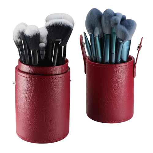 Portable Makeup Brush Case,Pu Leather Makeup Brush Holder with Button,Travel Cup Storage Dustproof Makeup Cosmetic Bags for Women (Red)
