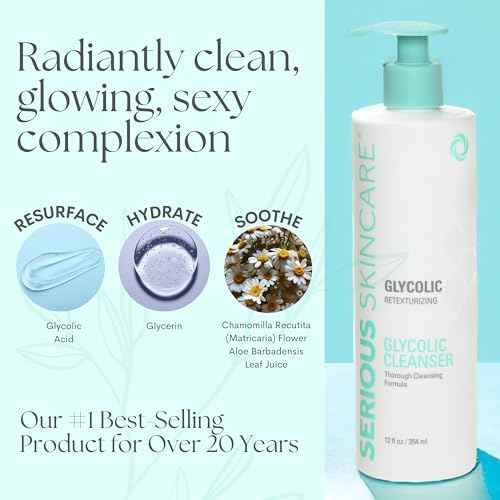 Serious Skincare Glycolic Acid Face Wash Cleanser 12 oz. + Ultrasonic Facial Cleansing Brush Tool for Women & Men, Gentle, Creamy, Oil Free + Skin Retexturizing Formula, Makeup +Blackhead Remover