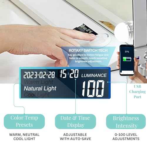 LUXFURNI Vanity Mirror with Lights, Makeup Mirrors Hollywood Mirror with 15 LED Bulbs, 3 Colors Modes & Adjustable Brightness, 10x Magnification, USB Charging