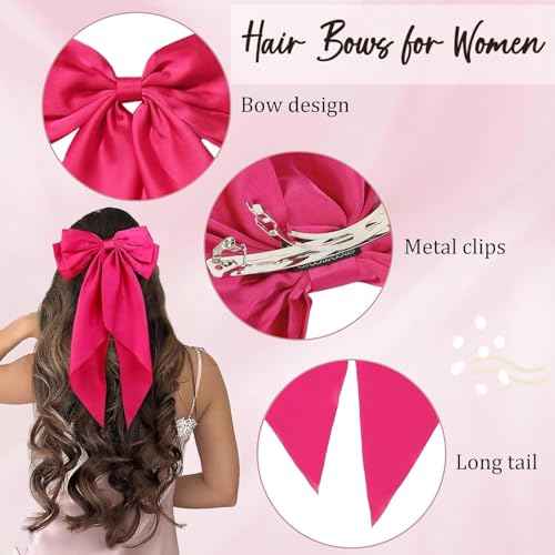 DTERSE Hair Bows for Women Big Bows Hair Accessories for Womens Girls 10PCS, Valentine's Day Hair Bows for Women Cute Oversized Bow Hair Clips with Long Tails, Silky Satin Ribbon Bows for Hair