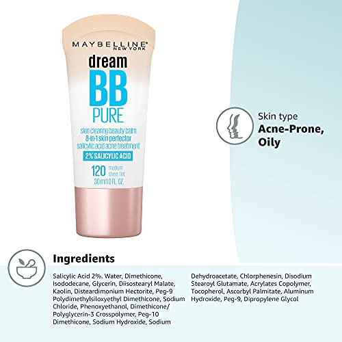 Maybelline Dream Pure Skin Clearing BB Cream, 8-in-1 Skin Perfecting Beauty Balm With 2% Salicylic Acid, Sheer Tint Coverage, Oil-Free, Medium, 1 Count