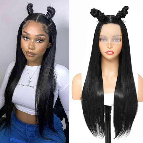 JulyQueen Straight Lace Front Wigs Black Color Long Straight Hair Synthetic Lace Front Wigs for Women 4x3.5 inch Lace Closure Wig Natural Hairline Heat Resistant Fiber Glueless Lace Wigs 24 inch