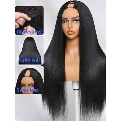 Nadula EasiContour V Part Yaki Straight Human Hair No Leave Out Clip in V-part Wig,12A Glueless Upgrade U Part Light Kinky Straight Human Hair Wig 180% Density with Elastic Drawstring 16inch